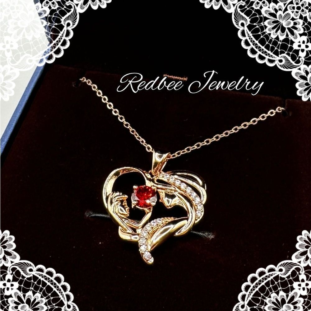 NIB Redbee 18kt GP, Yellow gold over s925, "garnet" CZ mom/child heart necklace!